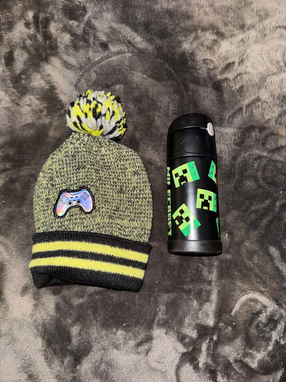 Minecraft Water Bottle and Green Black Yellow Knit Pom Pom Beanie Set